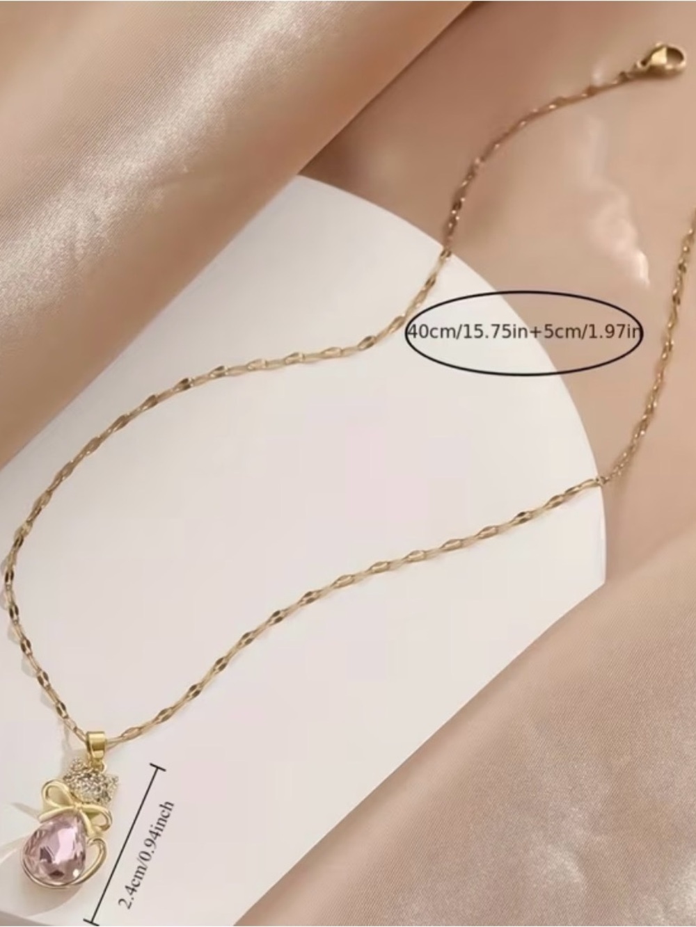 Gold Cat Pendant Necklace with Pink Teardrop Crystal 15 inch’s - Picture 3 of 10
